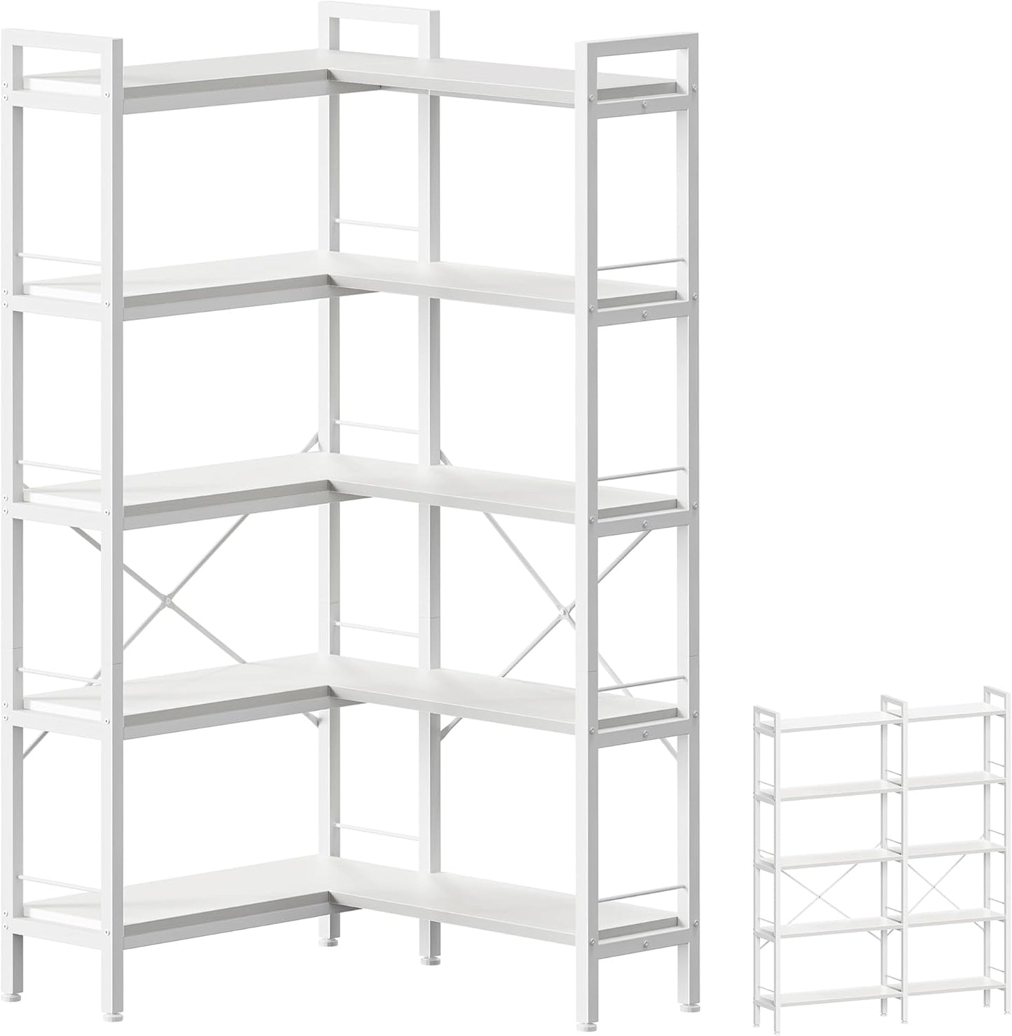 Huuger 5 Tier Bookshelf, L Shaped Corner Bookshelf with 10 Open Shelves, 49.4 Inch Straight Wide Bookcase with Metal Frame and Wooden Board, Adjustable Feet, White