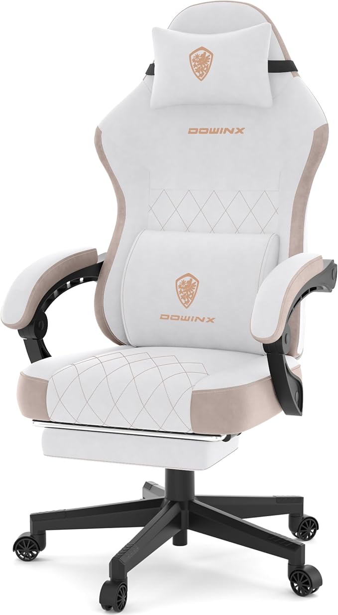 Dowinx Gaming Chair, Fabric Gaming Chairs for Adults with Pocket Spring Cushions and Lumbar Support, Ergonomic Massage Computer Chair with Footrest for Big and Tall, Beige