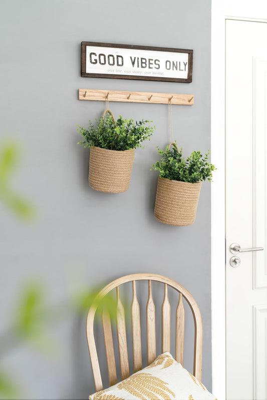 Dahey 2 Pack Wall Hanging Rope Basket (6.5"W×7"H) with Artificial Eucalyptus, Jute Woven Storage Organizer Flower Plants Basket Farmhouse Rustic Wall Decor for Porch Living Room Bedroom Entryway,Brown