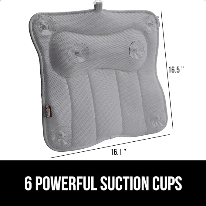 GORILLA GRIP Bath Pillow for Tub with Powerful Suction Cups, Headrest Pillows for Neck and Back Support, Machine Wash, Bathtub and Hot Tub Accessories, Relaxing Spa Gift Essentials for Women, Gray