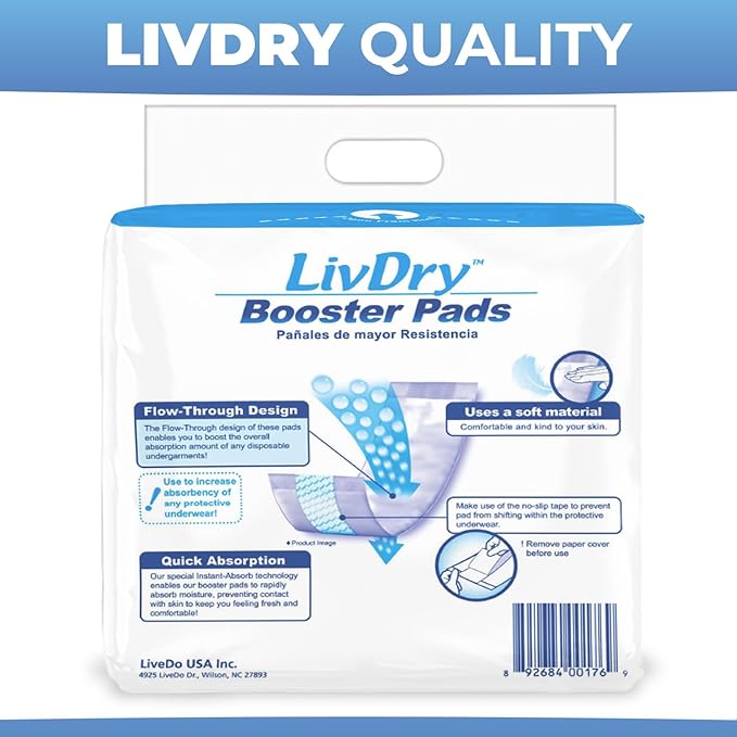 LivDry Incontinence Booster Pads, Use with Adult Diapers for Women and Men, Extra Comfort Softness, Disposable Pad (160 Count, Regular Length)