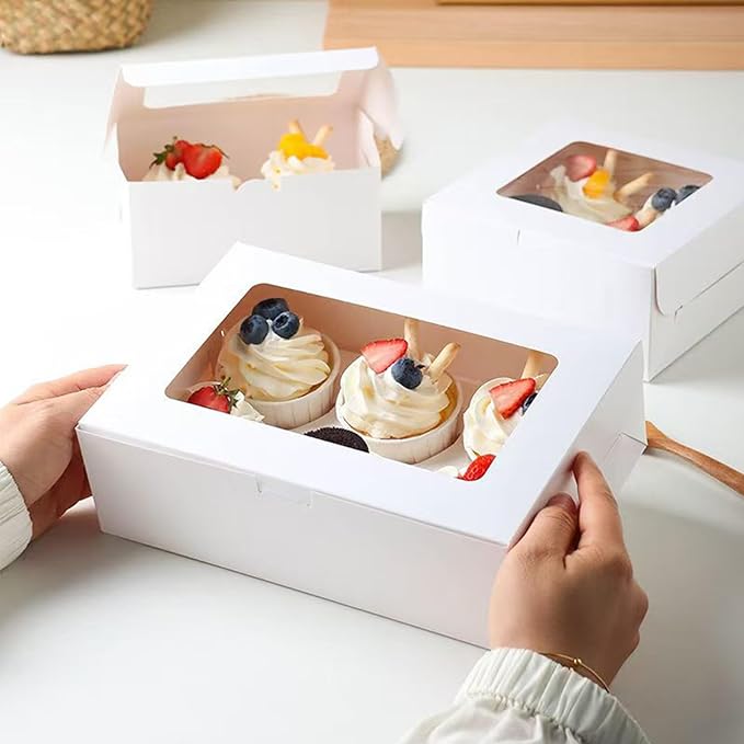 Cupcake Boxes 6 Count, Disposable Cupcake Containers, Food Grade Carrier with Window and Inserts for Cupcakes Muffins Cookies Pastries Donuts (White, 3 Pack)