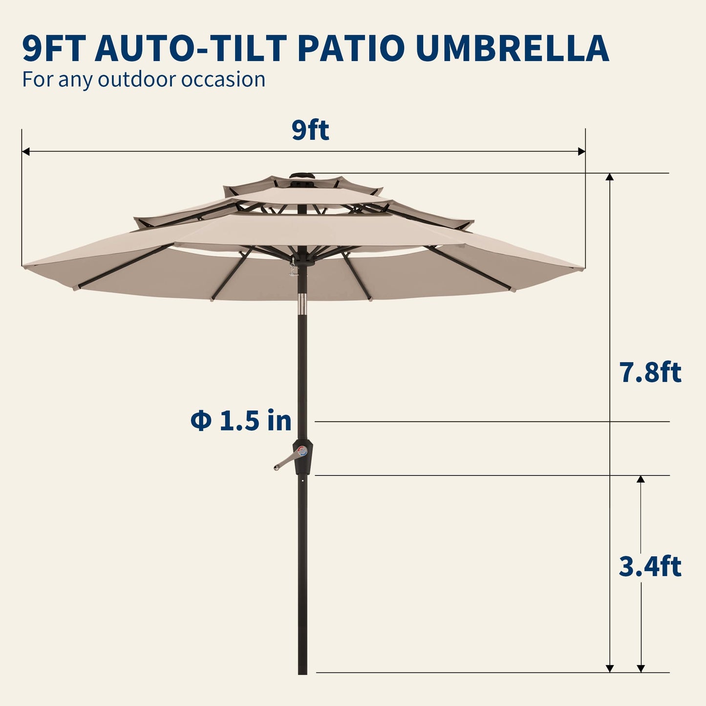 Tobeos 9FT 3 Tiers Patio Umbrella With Auto Tilt And Crank, Outdoor Table Market Umbrella with 8 Sturdy Ribs for Garden, Lawn, Deck, Backyard and Pool (Beige)