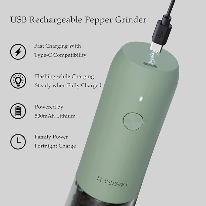 Electric Salt and Pepper Grinder Set, USB Rechargeable, Automatic Salt and Pepper Mill Grinder with Adjustable Coarseness, Electric Salt Shakers, LED Light, Refillable (2 Packs, Sage)