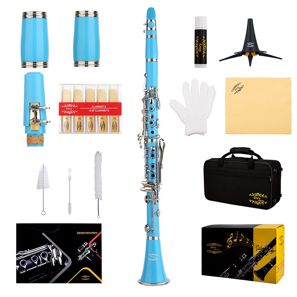 Glory GLY-CLALB Professional Ebonite Bb Clarinet with 10 Reeds, Stand, Hard Case, Cleaning Cloth, Mouthpiece Brush and Pad Brush