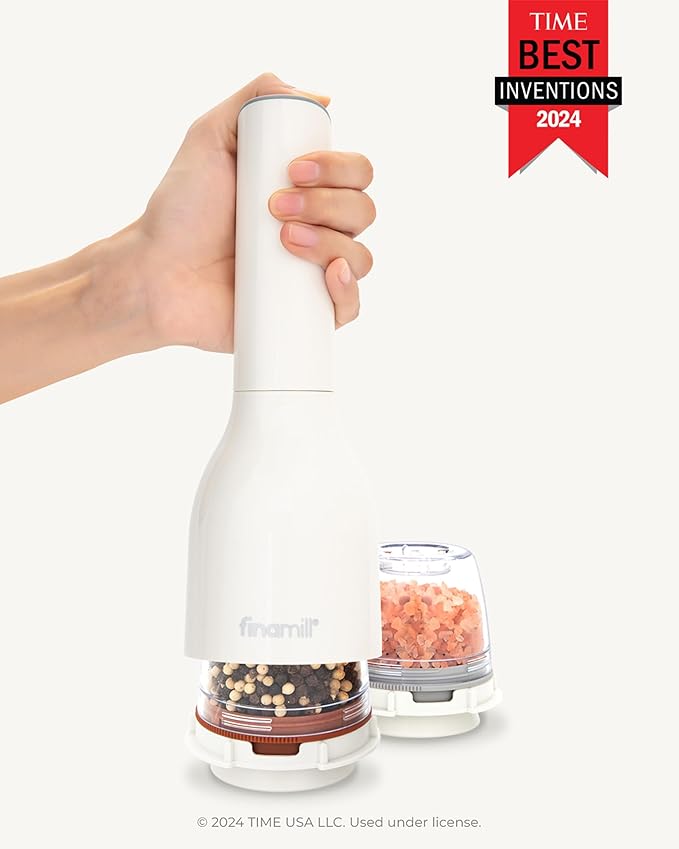 FinaMill Classic Battery Spice Mill – Battery Operated Salt and Pepper Grinder Set, Includes 2 Interchangeable Spice Pods, Adjustable Coarseness, Ceramic Grinder, LED Light, Kitchen Gifts for Women