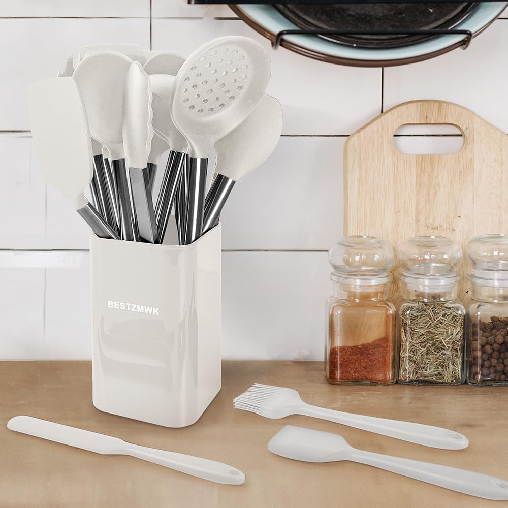 Kitchen Utensil Set-Silicone Cooking Utensils-33 Kitchen Gadgets & Spoons for Nonstick Cookware-Silicone and Stainless Steel Spatula Set-Best Kitchen Tools, Useful Pots (Cream White)