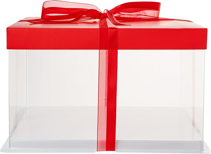 Restaurantware Sweet Vision 10 Inch x 8.25 Inch Transparent Cake Boxes 10 Grease Resistant Base Clear Cake Boxes - Red Lid Red Ribbon Plastic Birthday Cake Boxes For Weddings Or Birthdays