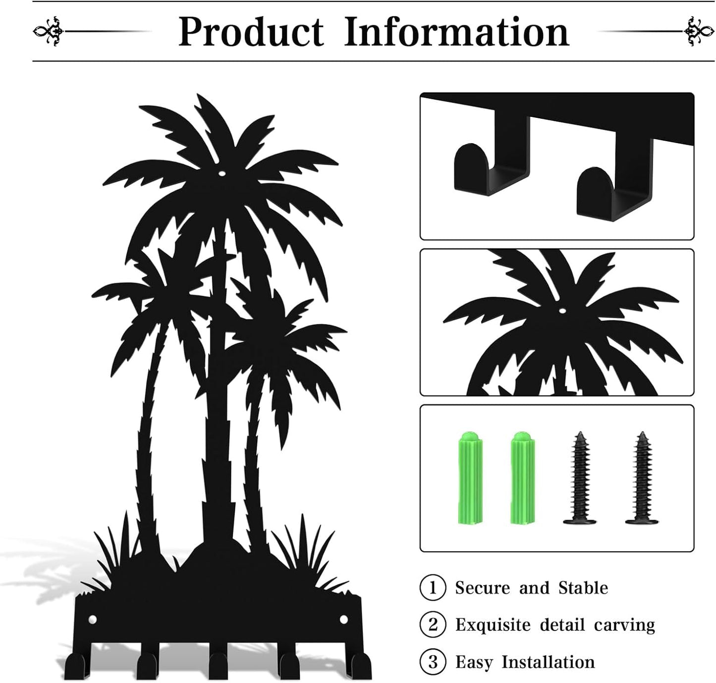 Black Metal Key Holder for Wall,Coconut Trees Key Hooks Wall Mount Whith 5 Hooks,Tropical Style Key Hanger Wall Decor for Front Door,Hallway,Entryway,Office