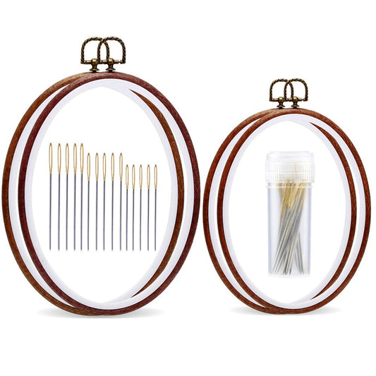 Jupean Embroidery Hoops, 7.5'' 9.2'' Oval Embroidery Hoop, Imitated Wood Display Frame with 30 Pieces Embroidery Needles, Embroidery Frame and Cross Stitch Hoop for Art Craft Sewing and Wall Hanging
