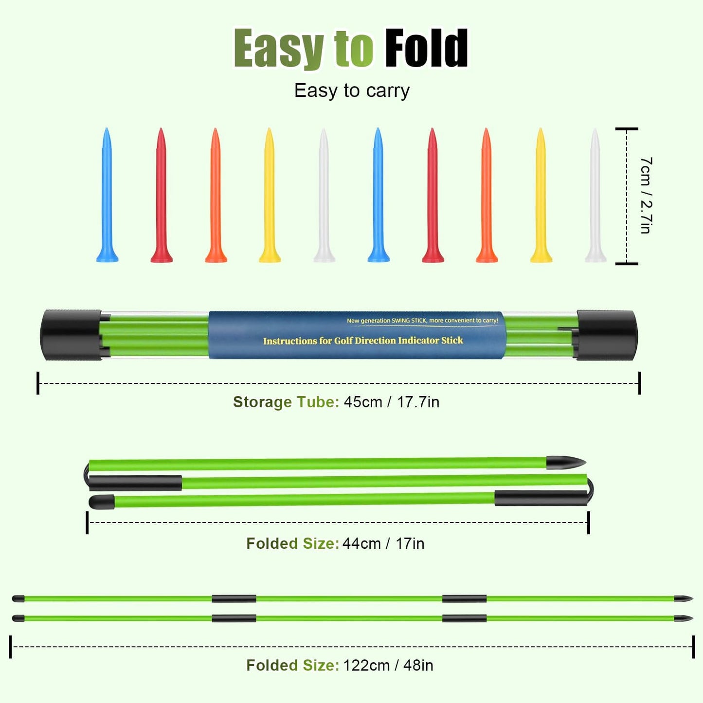 Golf Alignment Sticks 2 Pack, 48″Collapsible Practice Rods for Aiming/Putting, Golf Training Aid for Swing Trainer with Clear Tube Case, Foldable Training Rods with 10 Golf Tees