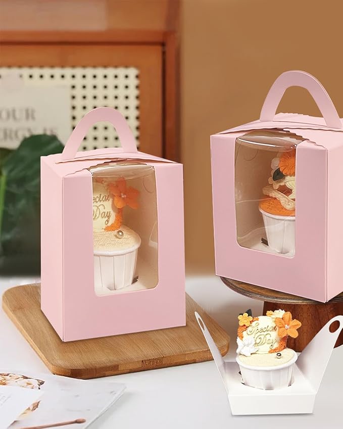 Bakepacker Auto-pop up Individual Cupcake Boxes with Window 25 Count Pink Single Cupcakes Box 3.7 x 3.7 x 4.3inch Cupcake Carrier