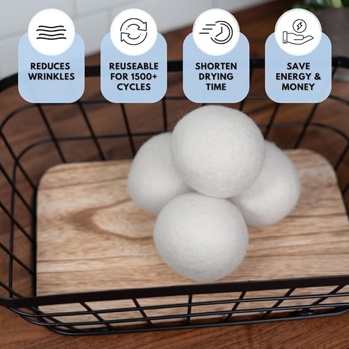 Fragrance-Free Wool Dryer Balls (4 XL Pack) – Natural Fabric Softener, Reusable, Reduces Wrinkles & Saves Drying Time, Better Alternative to Liquid Softeners & Dryer Sheets
