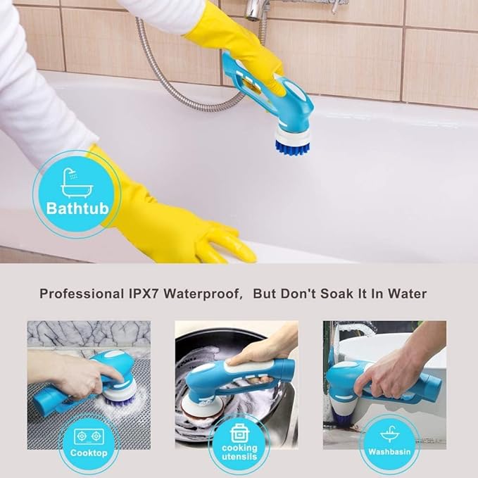 Cordless Power Scrubber for Cleaning Bathroom & Kitchen - Electric Handheld Scrub Brush with 6 Replaceable Heads, 360° Portable Washing Machine for Shower, Floor, Car, Sink, Wall, Window and Stove Top
