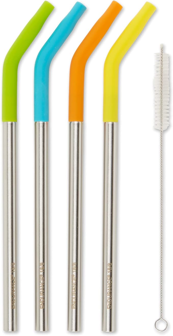 RSVP International Endurance Stainless Steel w/ Silicone Tip Straws, 9 Inch, | Reusable & Multi-Color | BPA-Free Silicone | For Smoothies, Frappes, Sodas, Tea & More | Dishwasher Safe