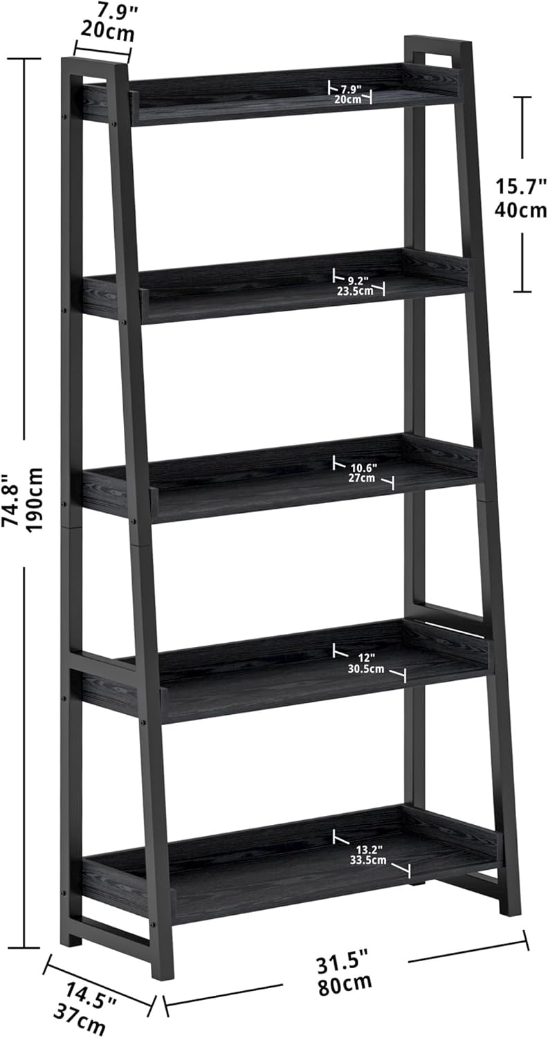 IRONCK Industrial Bookshelf 5-Tier 31.5 in Wide, Bookcase Ladder Shelf, Storage Shelves Rack Shelf Unit, Accent Furniture Metal Frame, Home Office Furniture for Bathroom, Living Room