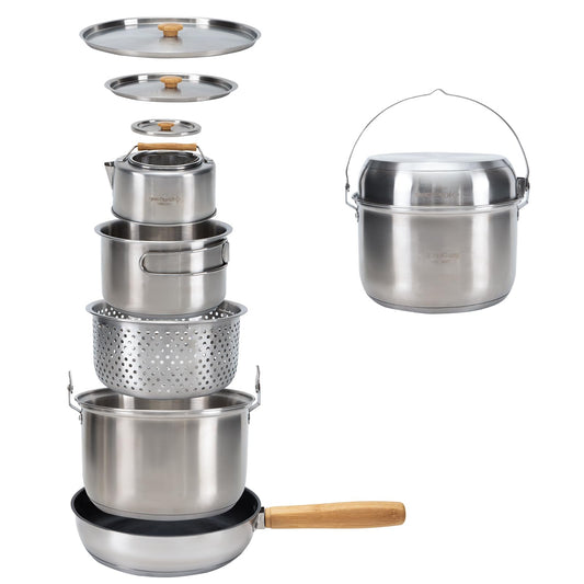 KingCamp Camping Cookware Set, 304 Stainless Steel Campfire Cooking Pots Pan and Kettle with Travel Tote Bag for Camping Outdoor Kitchen Cooking Picnic for 4-6