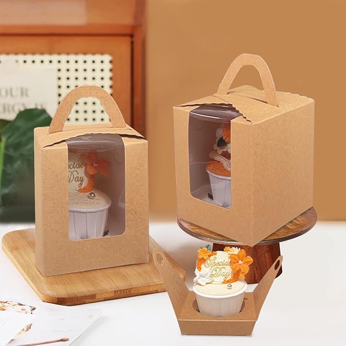 Bakepacker Auto-pop up Individual Cupcake Boxes with Window 25 Count Brown Single Cupcakes Box 3.7 x 3.7 x 4.3inch Cupcake Carrier