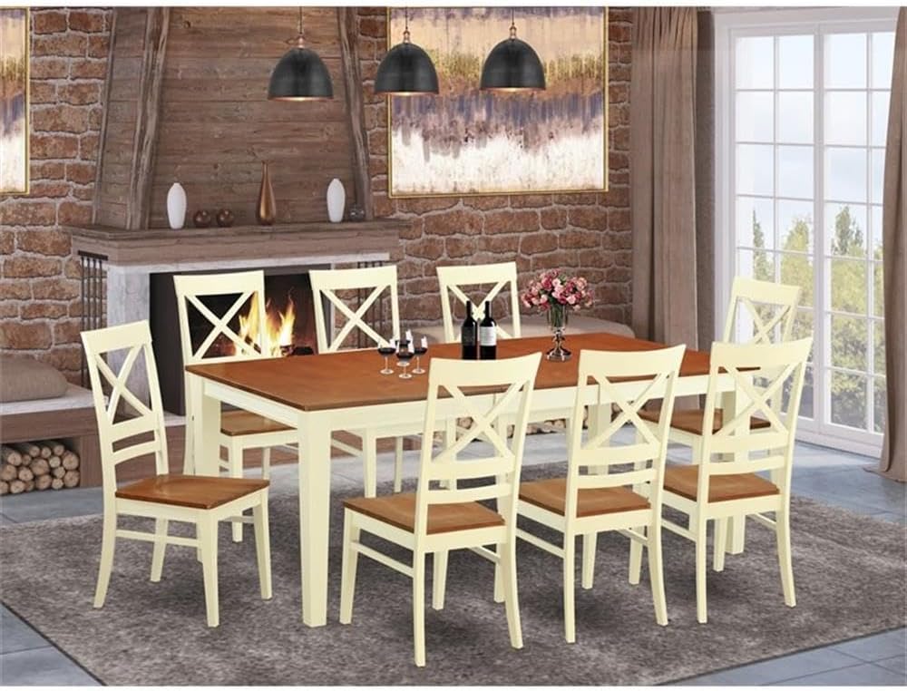 East West Furniture QUIN9-WHI-W 9 Piece Dining Table Set Includes a Rectangle Dinner Table with Butterfly Leaf and 8 Dining Room Chairs, 40x78 Inch, Buttermilk & Cherry