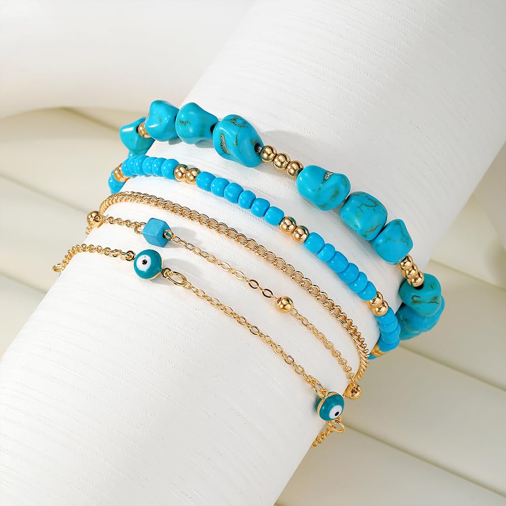 CIWEAI Gold Turquoise Beaded Western Jewelry for Women Fashion Stackable Irregular Turquoise Bead Bracelets Elastic Stack Evil Eyes Bracelet Boho Accessories (AA)
