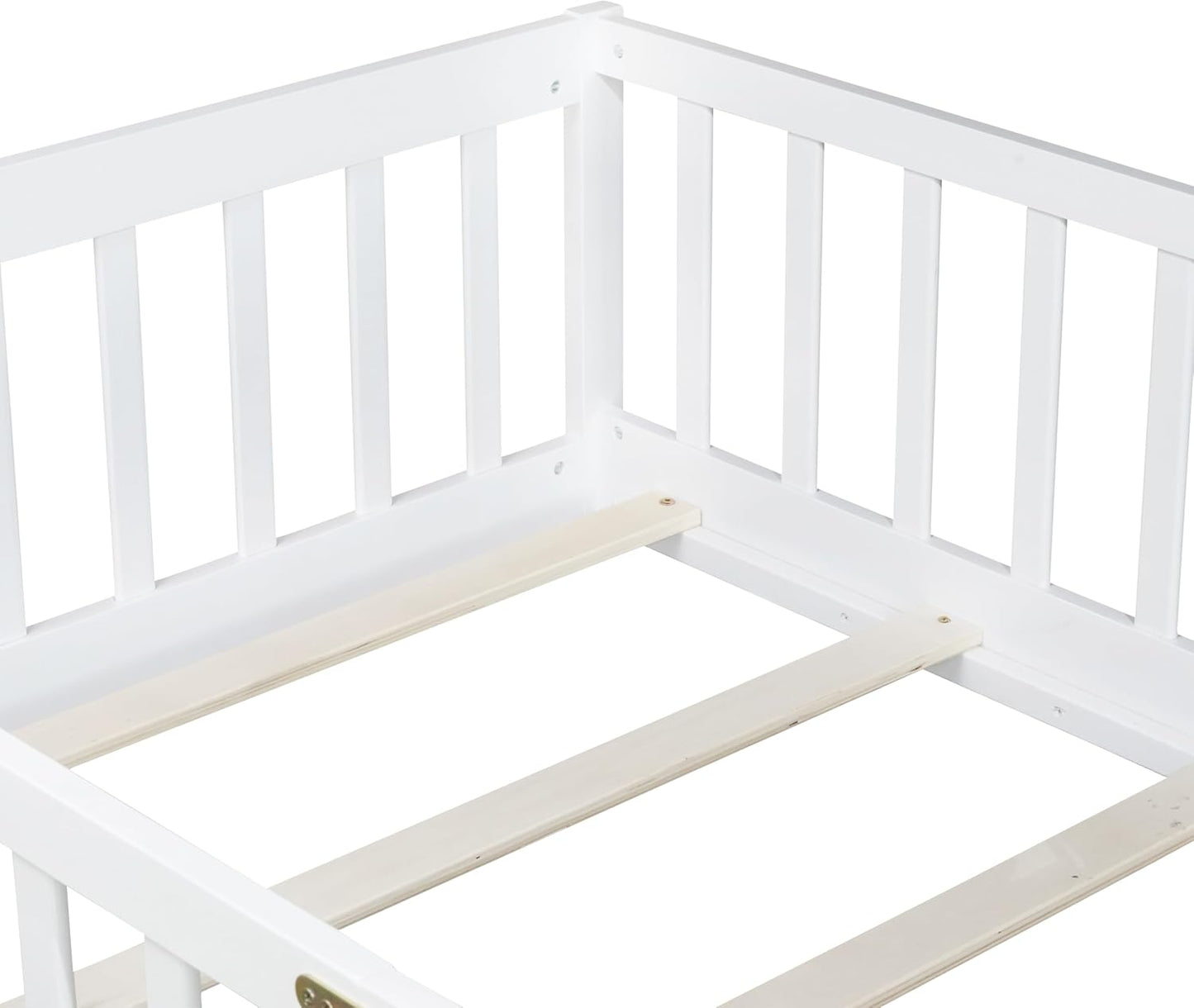 Twin Floor Bed Frame with Slats and Safety Guardrail, Wood Twin Size Montessori Floor Bed with Door and Fence, Easy Assemble Montessori Beds for Kids, Girls, Boys, White