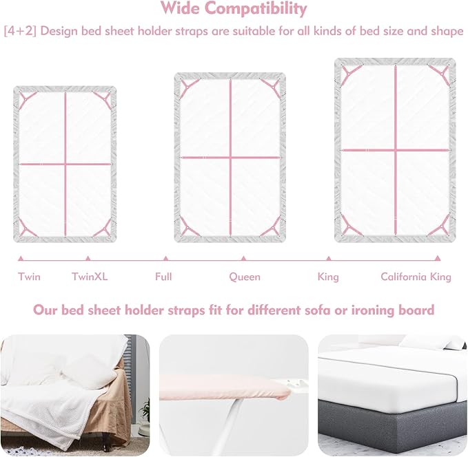 Bed Sheet Holder Straps, 4+2 Pcs Adjustable Mattress Sheet Clips, Bed Sheet Fasteners Elastic Sheet Suspenders to Keep Bed Sheet in Place for Different Beds (Pink)