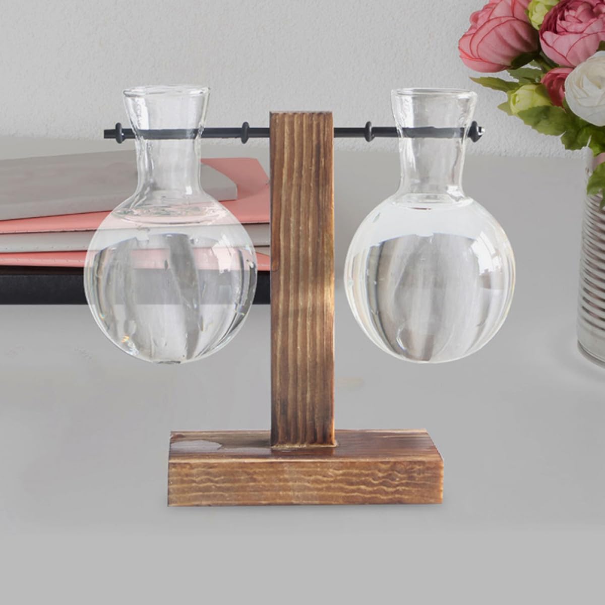 Gatuida 3Pcs Glass Propagation Planter with Wooden Stand, High Borosilicate Glass Vase for Hydroponic Plants, Desktop Terrarium Flower Vase with Hole for Home Décor