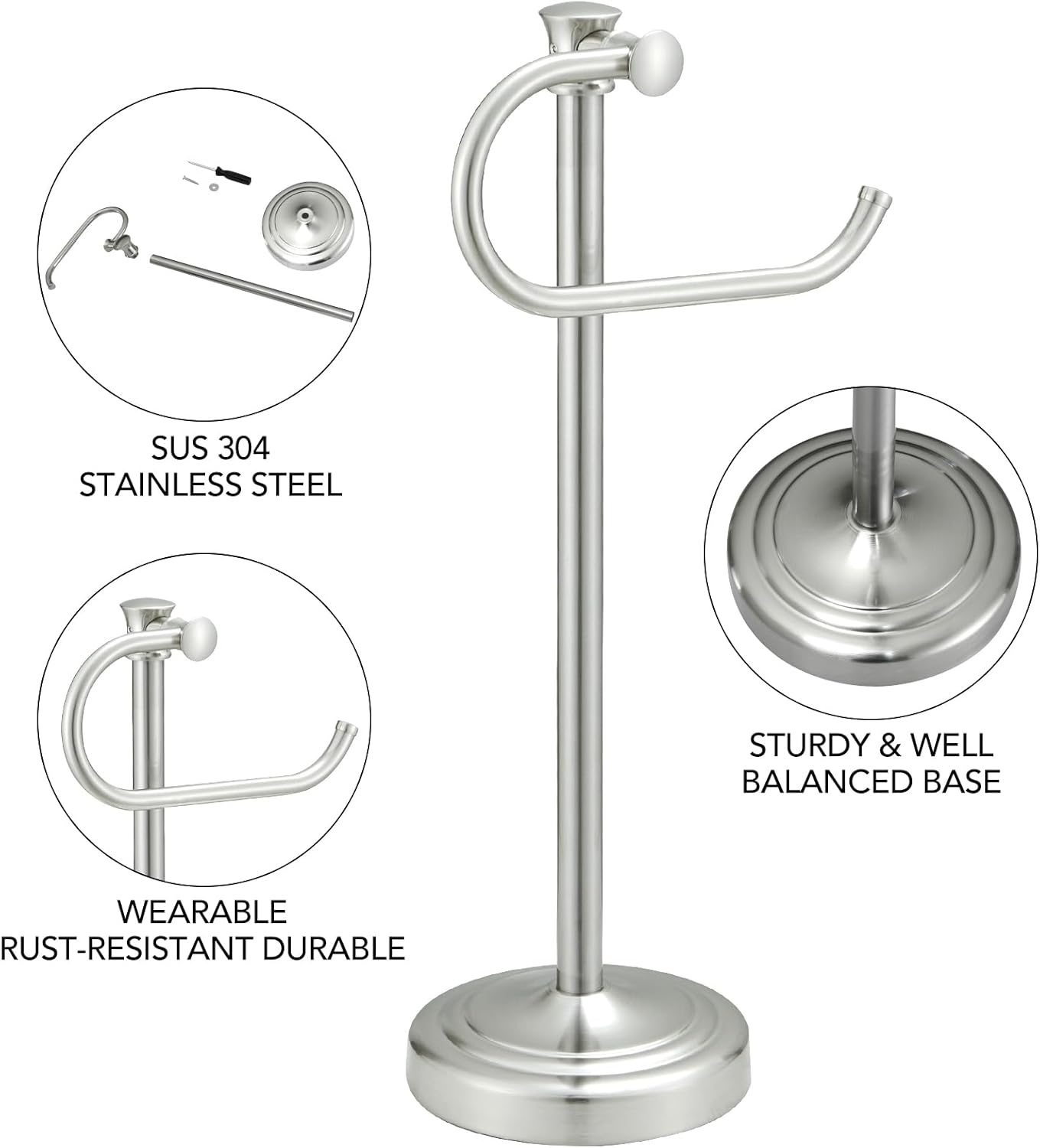 BESy 17 Inch Brushed Nickel Stand Towel Bar Hanger Hand Towel Bar Bathroom Vanity Countertop Towel Holder Free Standing Stainless Steel Towel Ring Hardware Accessories Towel Rack