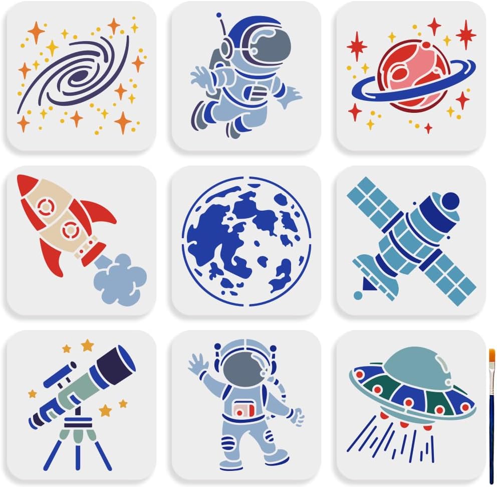 MAYJOYDIY 9pcs Space Astronaut Stencil 6×6inch Space Theme Stencils with Paint Brush Reusable Planet Rocket Telescope Spacecraft Galaxy Drawing Template for Craft Furniture Fabric Wall