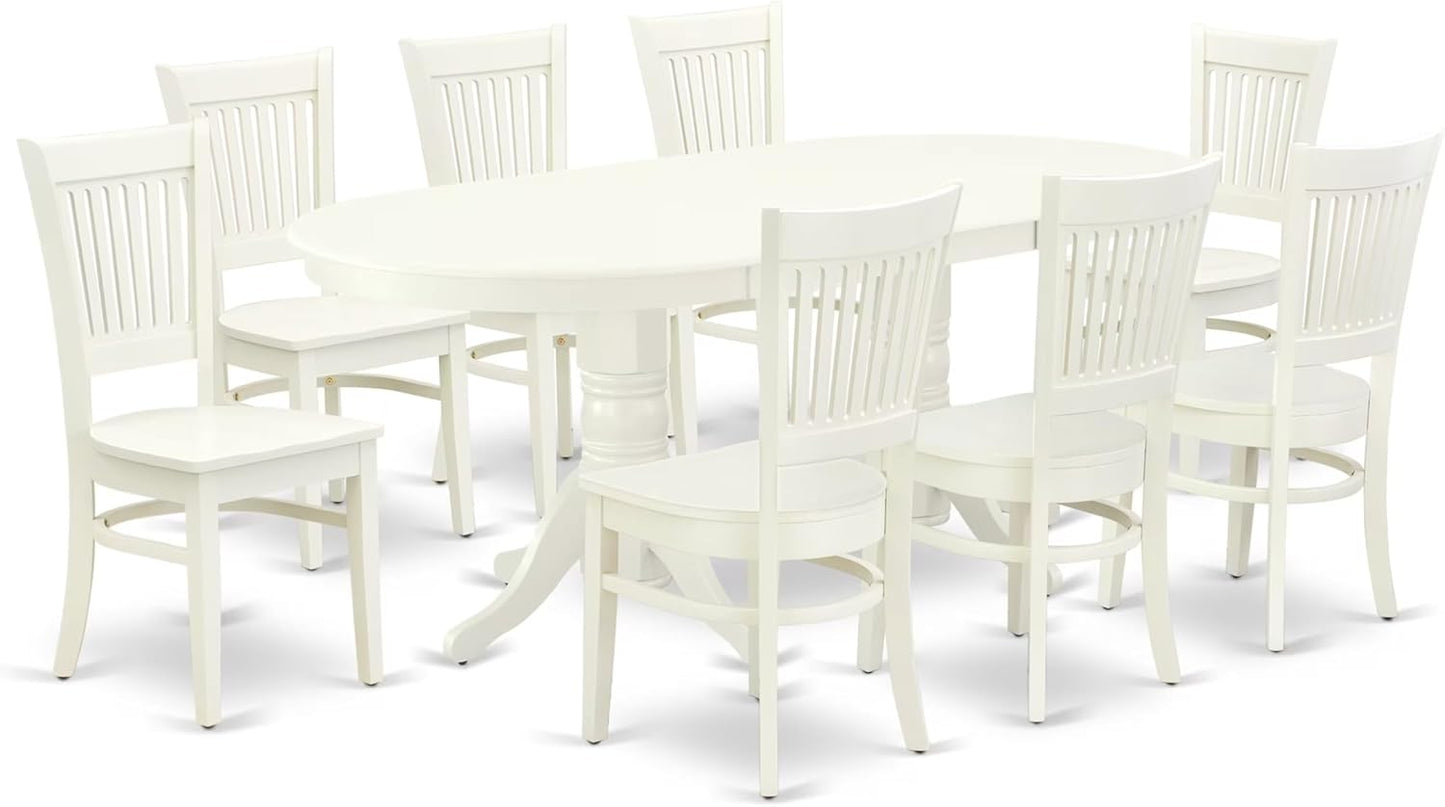East West Furniture VAVA9-LWH-W 9 Piece Dining Room Table Set Includes an Oval Kitchen Table with Butterfly Leaf and 8 Dining Chairs, 40x76 Inch, Linen White