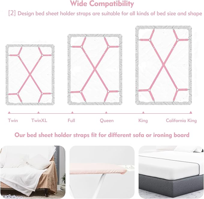 Bed Sheet Holder Straps, 2 Pcs Adjustable Mattress Sheet Clips, Bed Sheet Fasteners Elastic Sheet Suspenders to Keep Bed Sheet in Place for Different Beds (X-Purple)