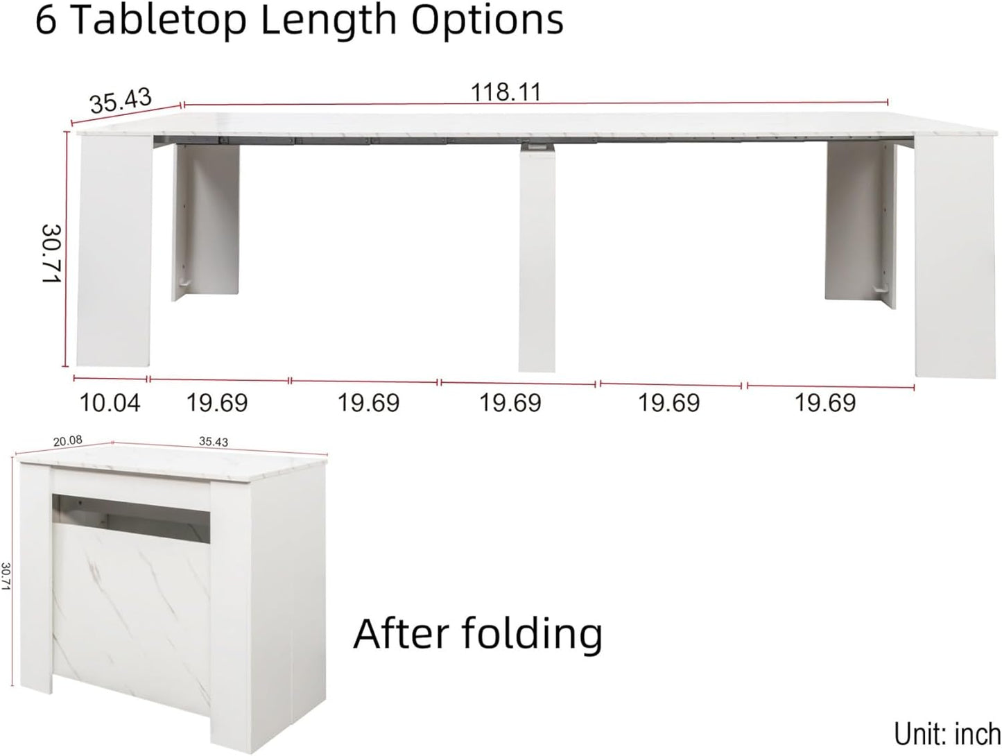 KEIKI 20-118.5"L Extendable Foldable Dining Room Table for 1-10 People, Wood Multifunctional Rectangle Expandable Console Kitchen Living Meeting Room Furniture, 6 Tabletop Length Options, Marble White