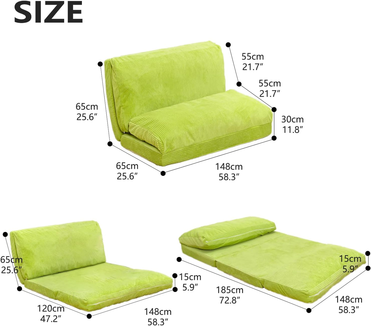 N&V L92×W58 Inch Large Folding Matress Sofa Bean Bag, Foam Filling Folding Matress Sofa, Includes Removable and Machine Washable Cover Patent No.: US D1,018,079 S (Lime, Large Corduoy), 94024