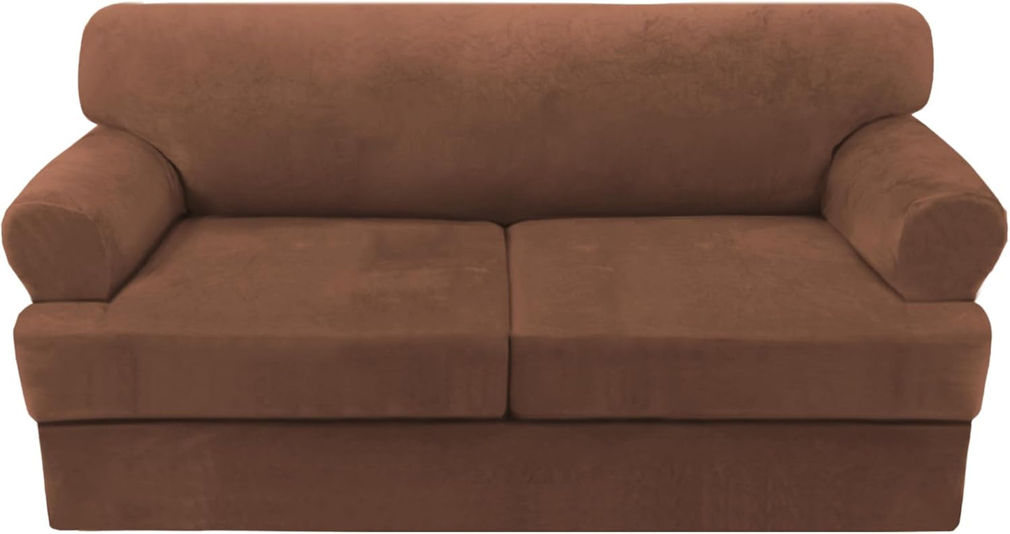 H.VERSAILTEX Sofa Cover 3 Piece T Cushion Loveseat Slipcovers Thick Velvet Couch Cover Stretch T Cushion Sofa Covers for 2 Cushion Couch with 2 Individual T Cushion Covers Washable, Caramel