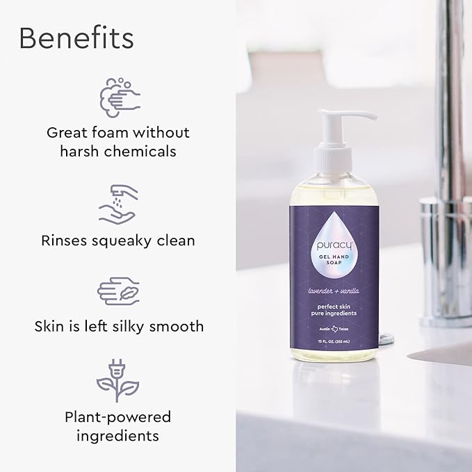 Puracy Organic Hand Soap, For the Professional Hand Washers We've All Become, Moisturizing Natural Gel Hand Wash Soap, Liquid Hand Soap Refills for Soft Skin (12 fl.oz, Lavender & Vanilla) 2-Pack