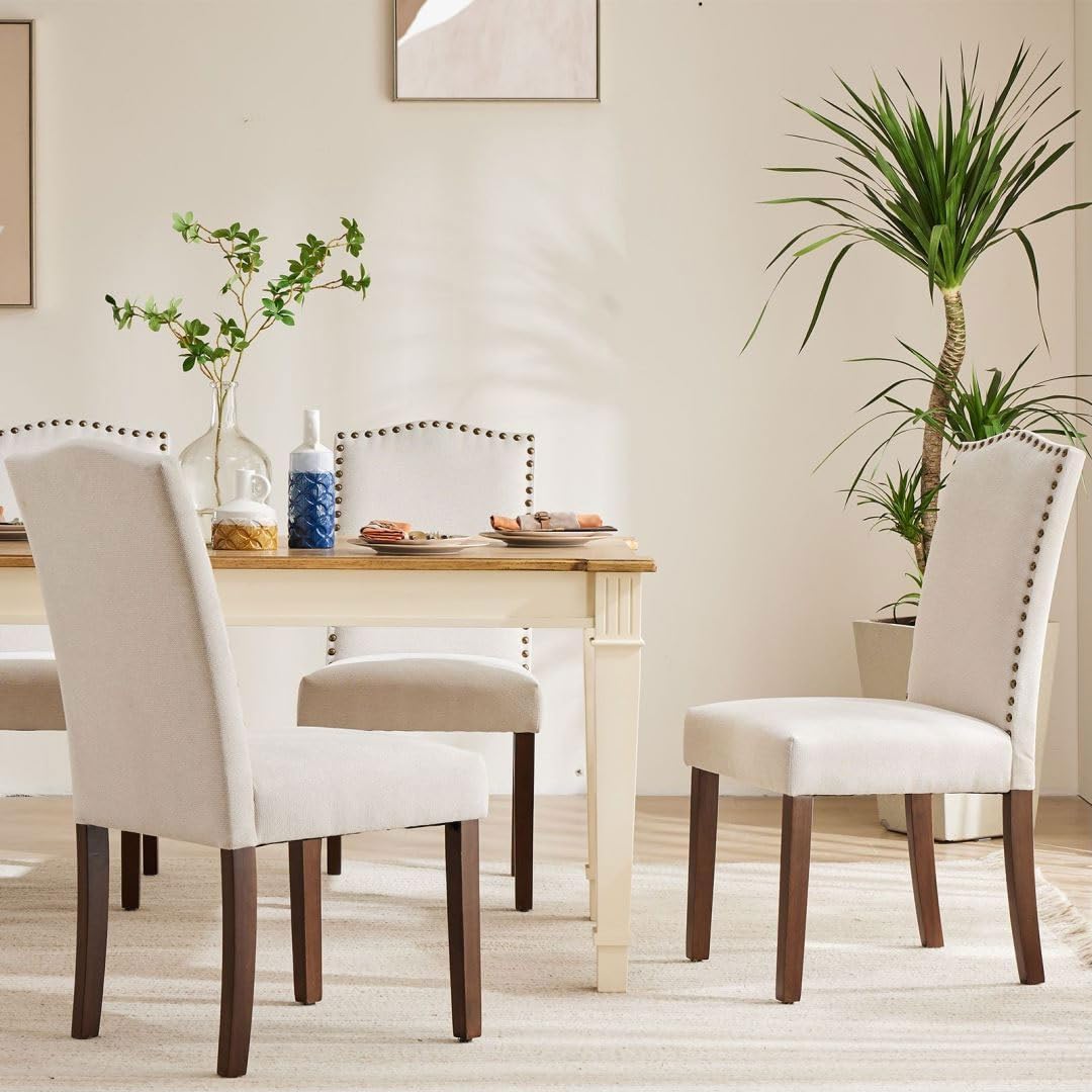 Kitchen Chairs Set of 6 Modern Upholstered Fabric Seat with Nailhead Trim and Ergonomic Lumbar Support for Living Room and Rustic Farmhouse Dining Area, Beige