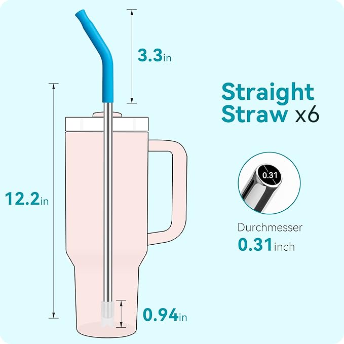 6 Pcs Metal Reusable Straws for 40 oz Tumbler, Stainless Steel Long Drinking Straw with Colourful Silicone Tips,Straw for Glass Cups, Cleaning Brushes Included, BPA FREE