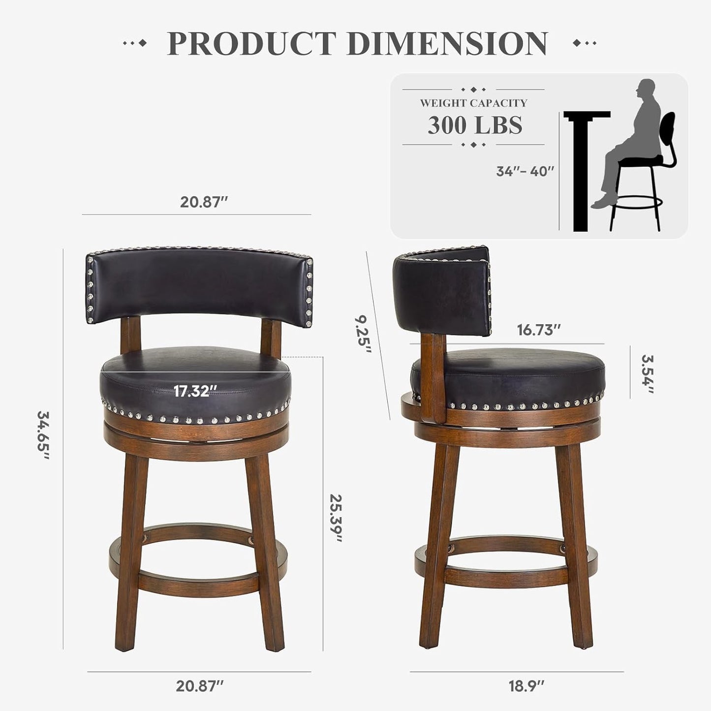 COLAMY Swivel Bar Stool, Modern Swivel Barstool with Back, Counter Height Bar Stools, 25 Inch Upholstered Wood Barstool for Kitchen Island Dining Room Bar, Dark Brown