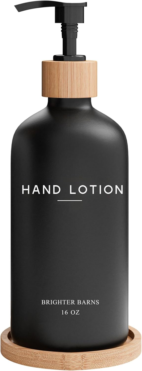 Black Glass Lotion Dispenser with Pump by Brighter Barns - Hand Lotion Dispenser Bathroom Set with Tray - Luxury Bathroom Accessories Set, Modern Home Decor for Spa, Office, Living Room, Hotel (Black)