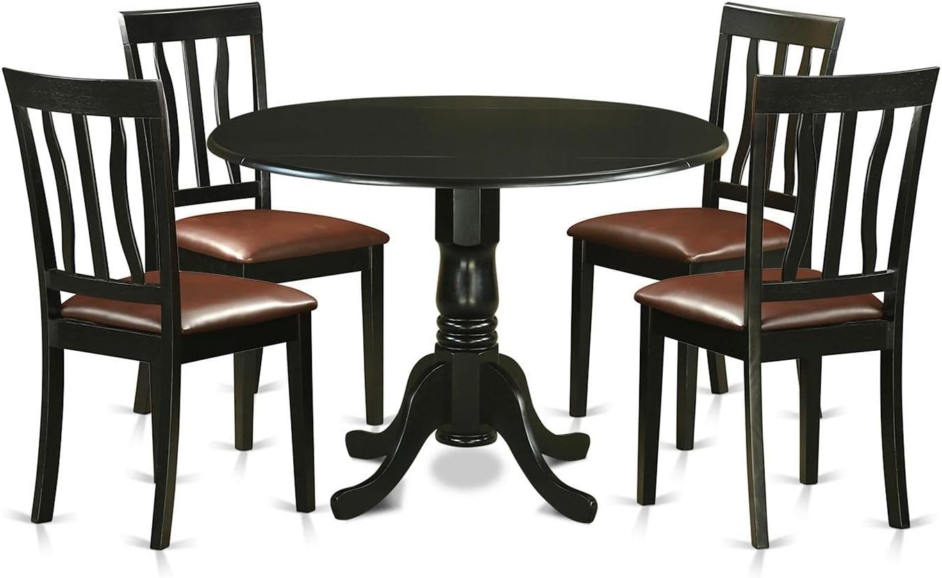 East West Furniture DLAN5-BLK-LC 5 Piece Dining Table Set for 4 Includes a Round Kitchen Table with Dropleaf and 4 Faux Leather Dining Room Chairs, 42x42 Inch, Black