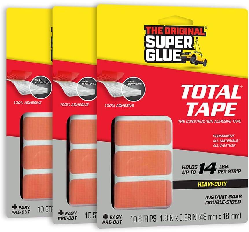 Super Glue, Total Tape Precut Strips, 10 Strips, 3-Pack, Strong Indoor & Outdoor Construction Adhesive, Holds 14 lbs. per Strip, Permanent Bonding, All-Weather, Easy-to-Use Double-Sided Tape