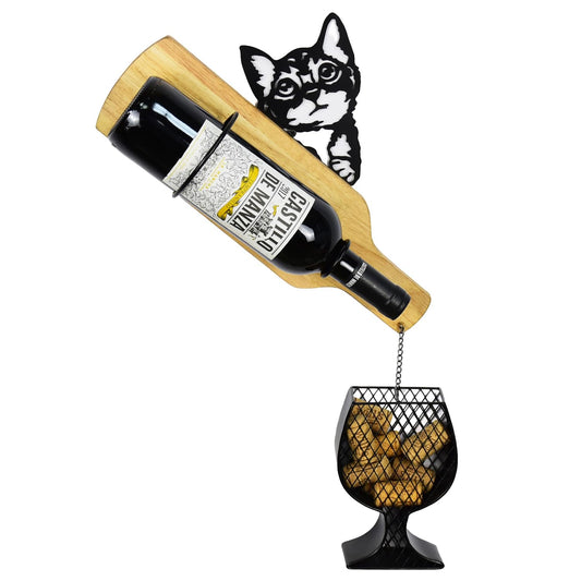 Drincarier cat Wine Rack Wall Mounted with Cork Holder, Hold 1 Bottle and Some Corks, Creative Metal & Wood Wall Wine Rack with Wine Cork Holder (Black)