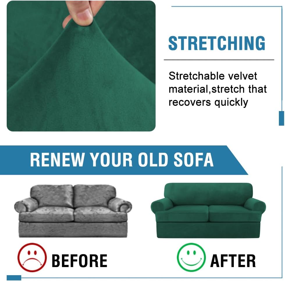 H.VERSAILTEX Sofa Cover 3 Piece T Cushion Loveseat Slipcovers Thick Velvet Couch Cover Stretch T Cushion Sofa Covers for 2 Cushion Couch with 2 Individual T Cushion Covers, Vintage Green