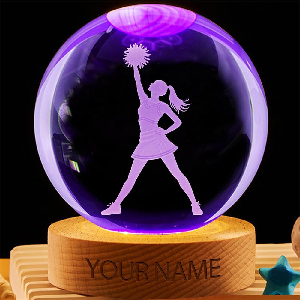 Personalized Cheerleader Crystal Night Light Gift for Women, Custom Name/Number Cheerleader 3D Crystal Ball Night Light Lamp for Bedroom Room Dance Decor Party Bar Christmas Birthday Gift