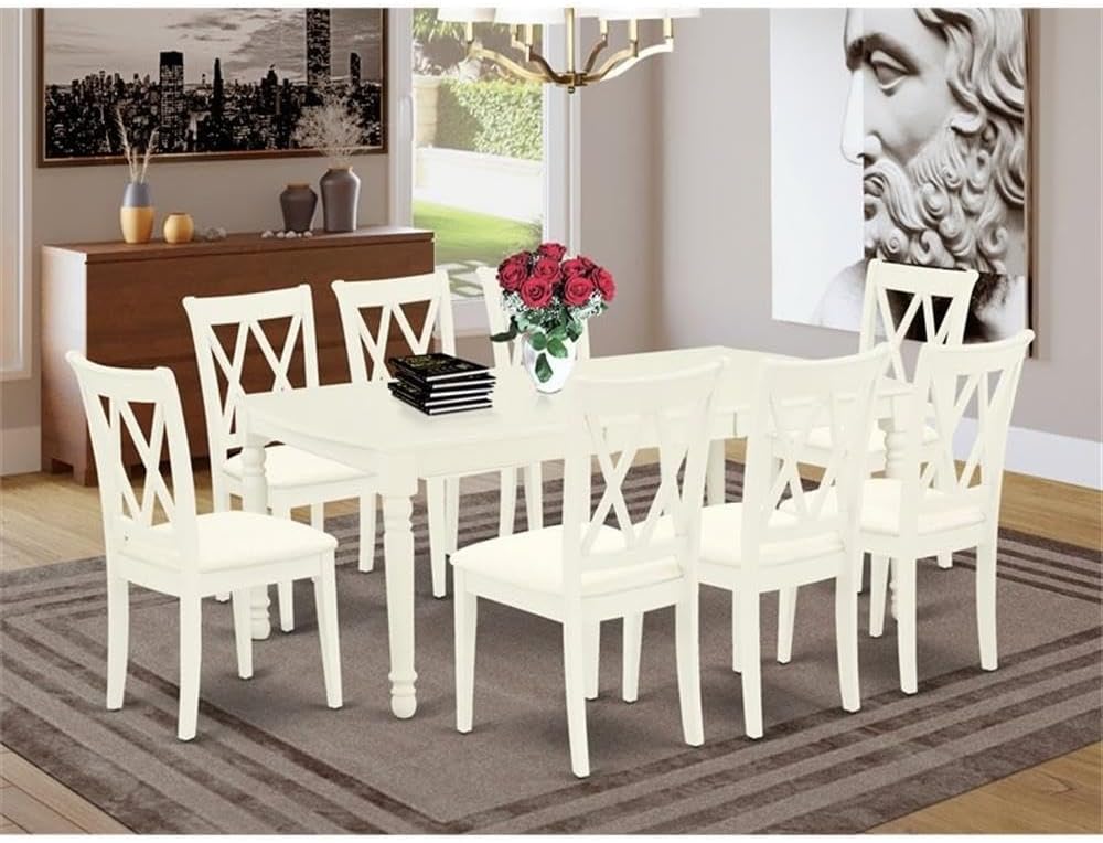 East West Furniture DOCL9-LWH-C 9 Piece Dining Table Set Includes a Rectangle Wooden Table with Butterfly Leaf and 8 Linen Fabric Dining Room Chairs, 42x78 Inch, Linen White