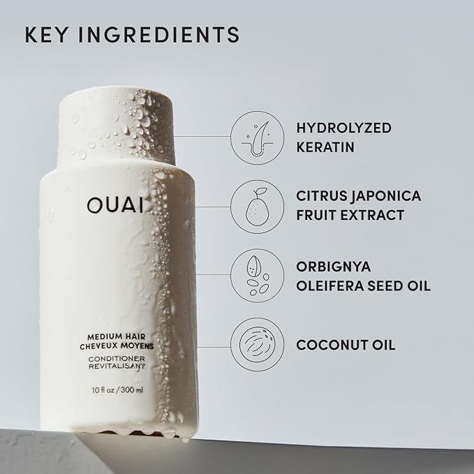 OUAI Medium Conditioner Travel Size - Hydrating Hair Conditioner with Coconut Oil, Babassu Oil, and Keratin - Strengthens, Repairs and Adds Shine - Paraben and Phthalate Free Hair Care Products (3 Oz)