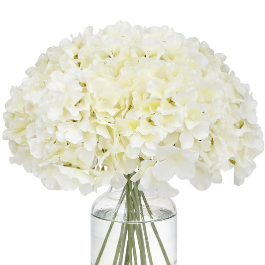FLORRALIA Fake White Hydrangea Artificial Flowers - Faux Silk Hydrangeas Flowers Heads with Stems Real Touch for Home Wedding Party Table Decor(CreamWhite,Pack of 10)