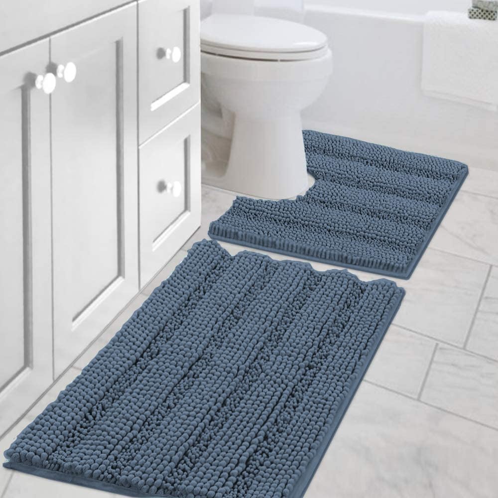 H.VERSAILTEX Bathroom Rug Sets 2 Piece Bath Mats Non Slip Thick Soft Chenille Striped Bath Rug achine Washable Shower Floor Rugs for Tub, Shower and Floor (Blue Indigo, 20"x32" Plus 20"x20" U)