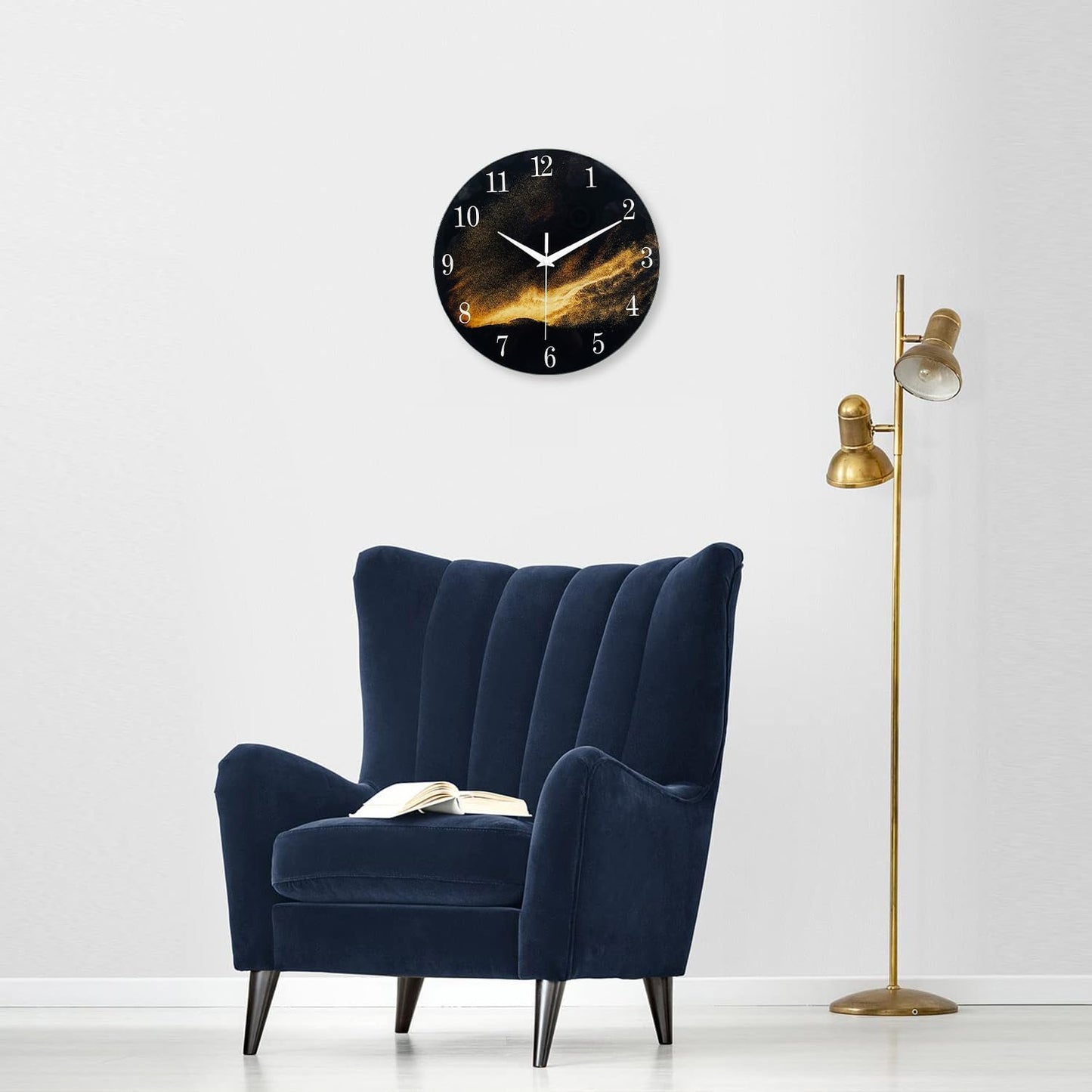 Black Wall Clock for Living Room 14 Inch Glass Analog Wall Clock Battery Operated Silent Clock for Bedroom Office
