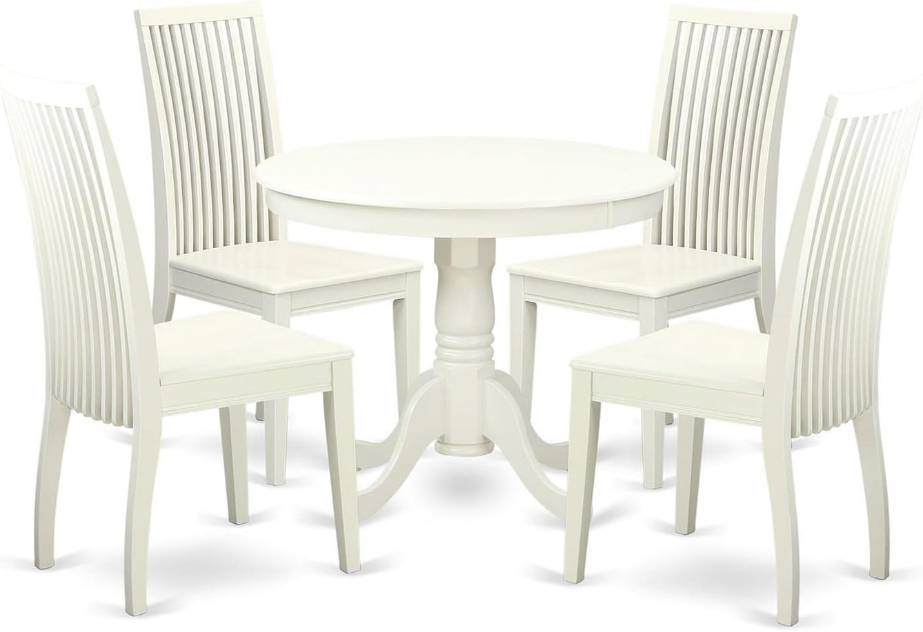 East West Furniture ANIP5-LWH-W 5 Piece Modern Dining Table Set Includes a Round Kitchen Table with Pedestal and 4 Dining Room Chairs, 36x36 Inch, Linen White